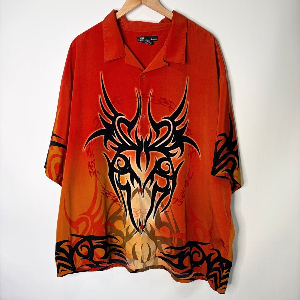 Vintage 90s No Boundaries Fire Tribal Biker Bowl Rock Shirt Button Up Men 3XL